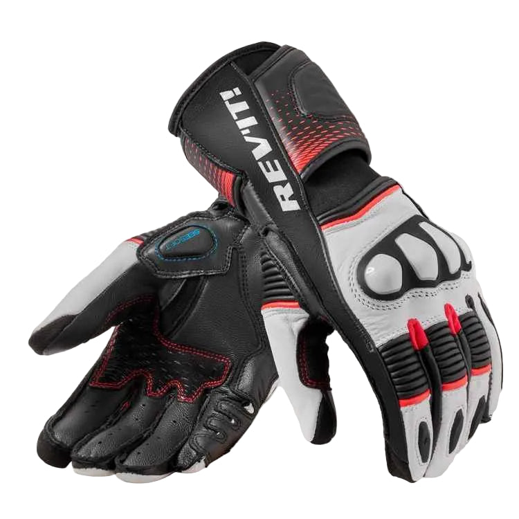 Pair of black, gray, and red motorcycle gloves with 'REV'IT!' branding on a white background.