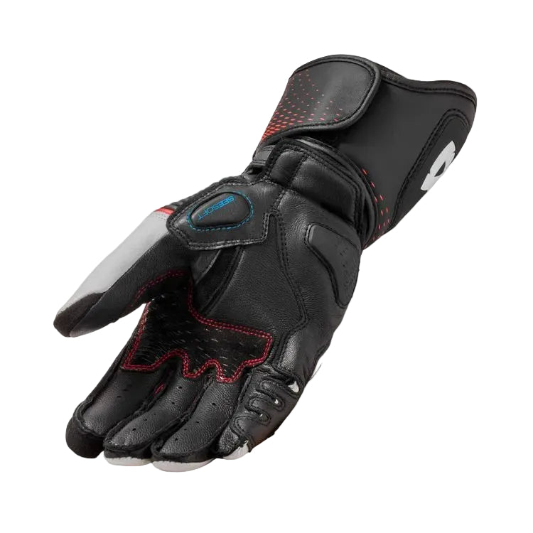 Black motorcycle glove with red accents on a white background