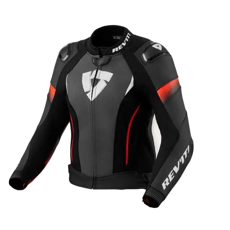 Black and gray motorcycle jacket with red accents on a white background, featuring the Rev'it brand.