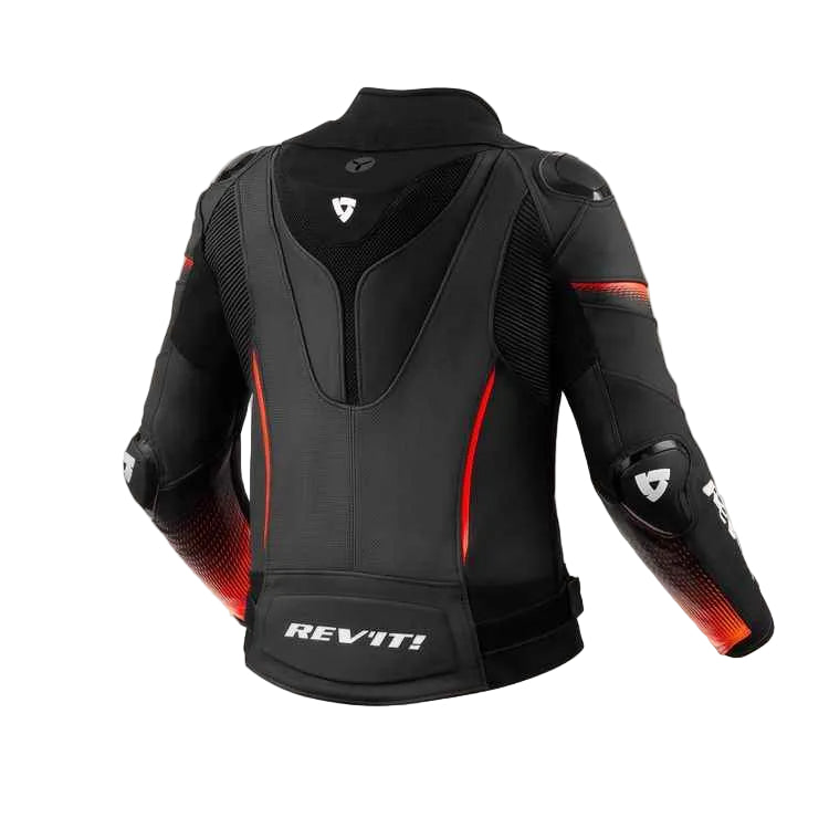 Black motorcycle jacket with red accents and Revit branding on a white background