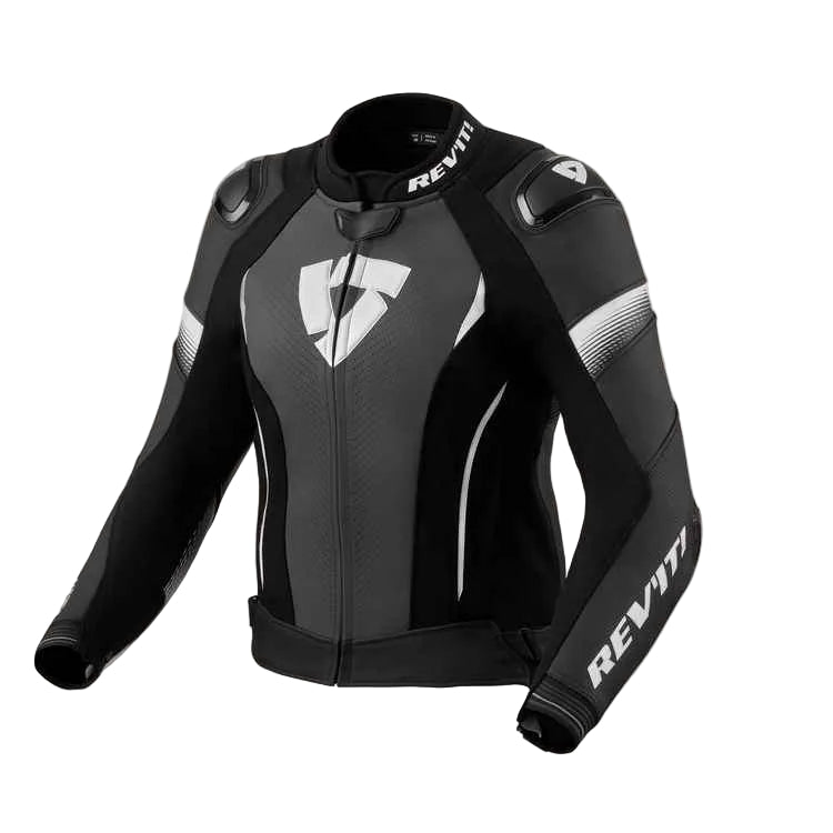 Black and gray motorcycle jacket with Rev'it logo on a light gray background