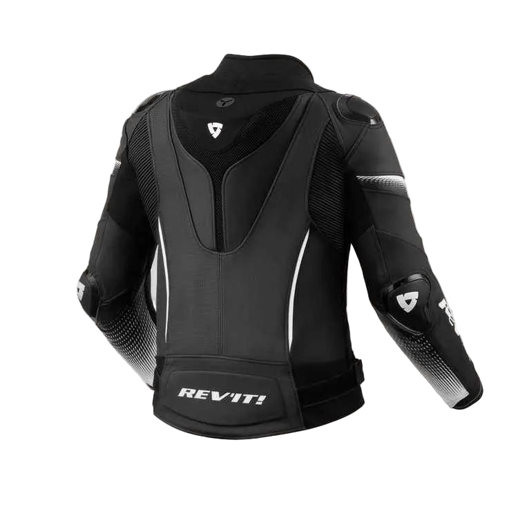 Black motorcycle jacket with REVIT! branding on a white background