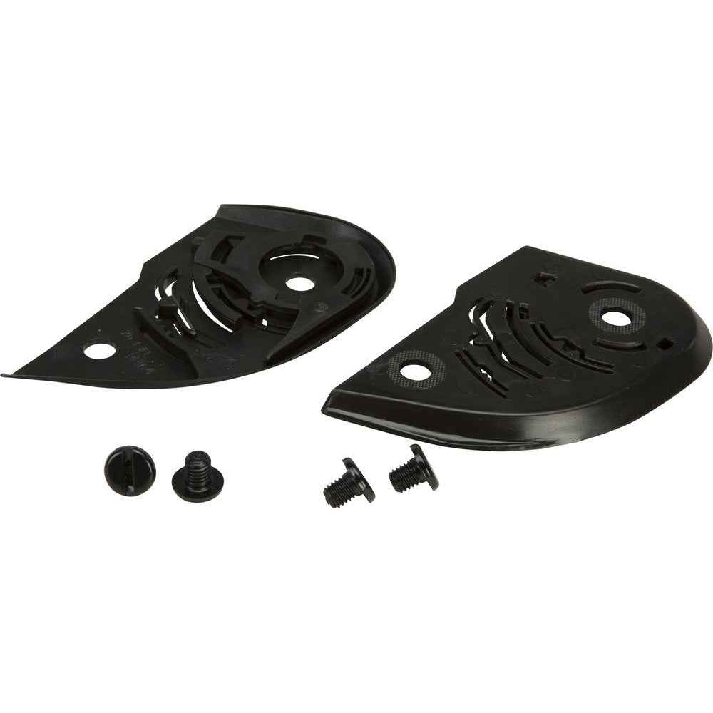 Two black plastic components with screws on a white background