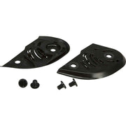 Two black plastic components with screws on a white background