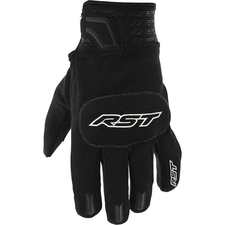 Black motorcycle glove with RST branding on a white background