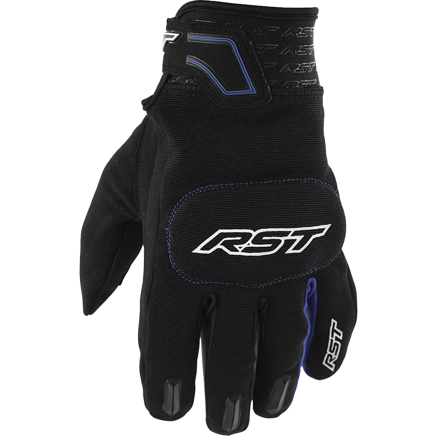 Black motorcycle glove with RST branding on a white background