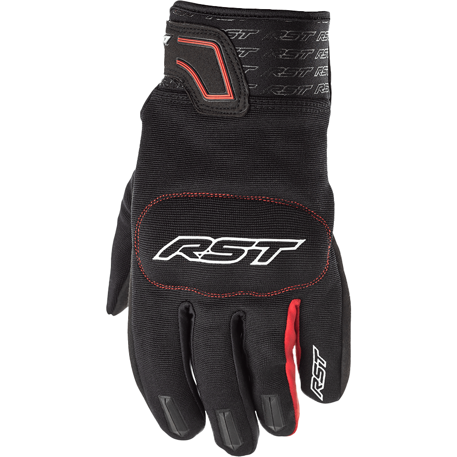 Black motorcycle glove with red accents and RST branding on a white background