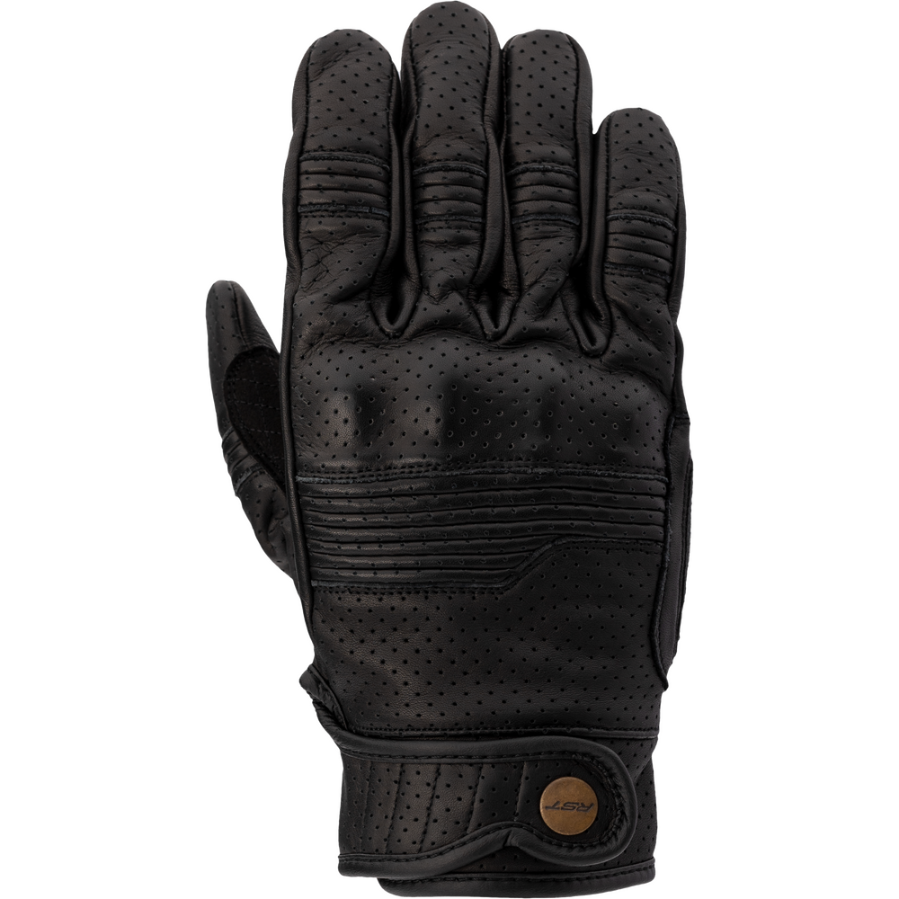 Black motorcycle glove with perforated design on a white background
