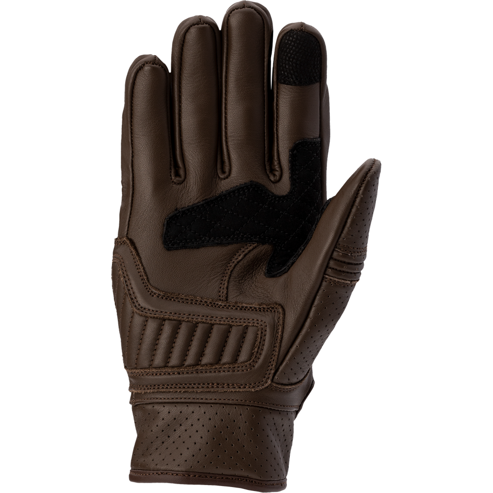 Brown leather glove with black touch tip on a white background