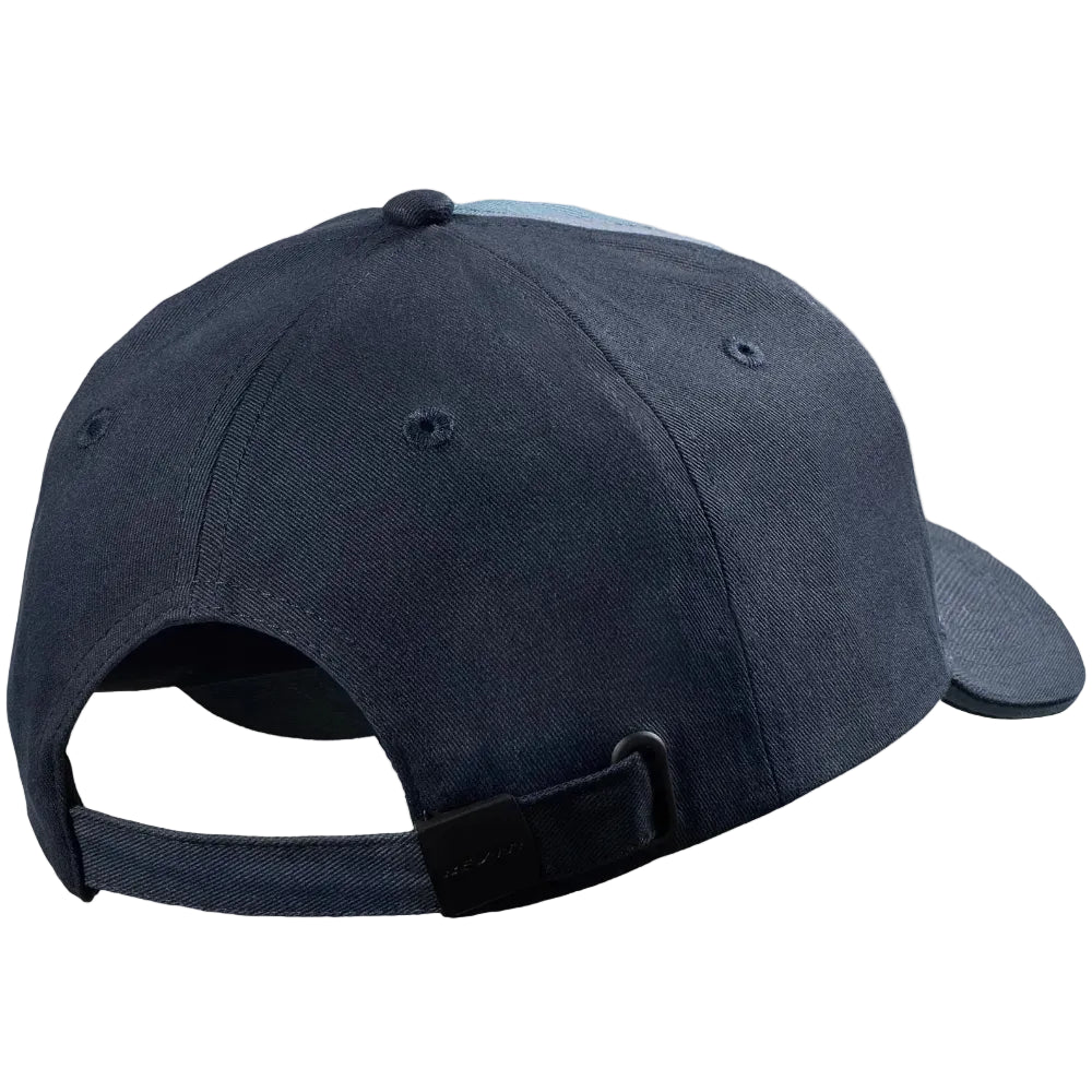 Rear view of A blue adjustable, everyday classic cotton baseball cap with the Revit logo. 