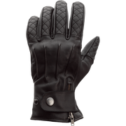 Black leather glove with quilted design on a white background