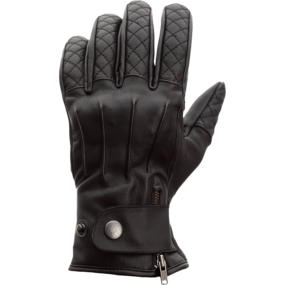 Black leather glove with quilted design on a white background