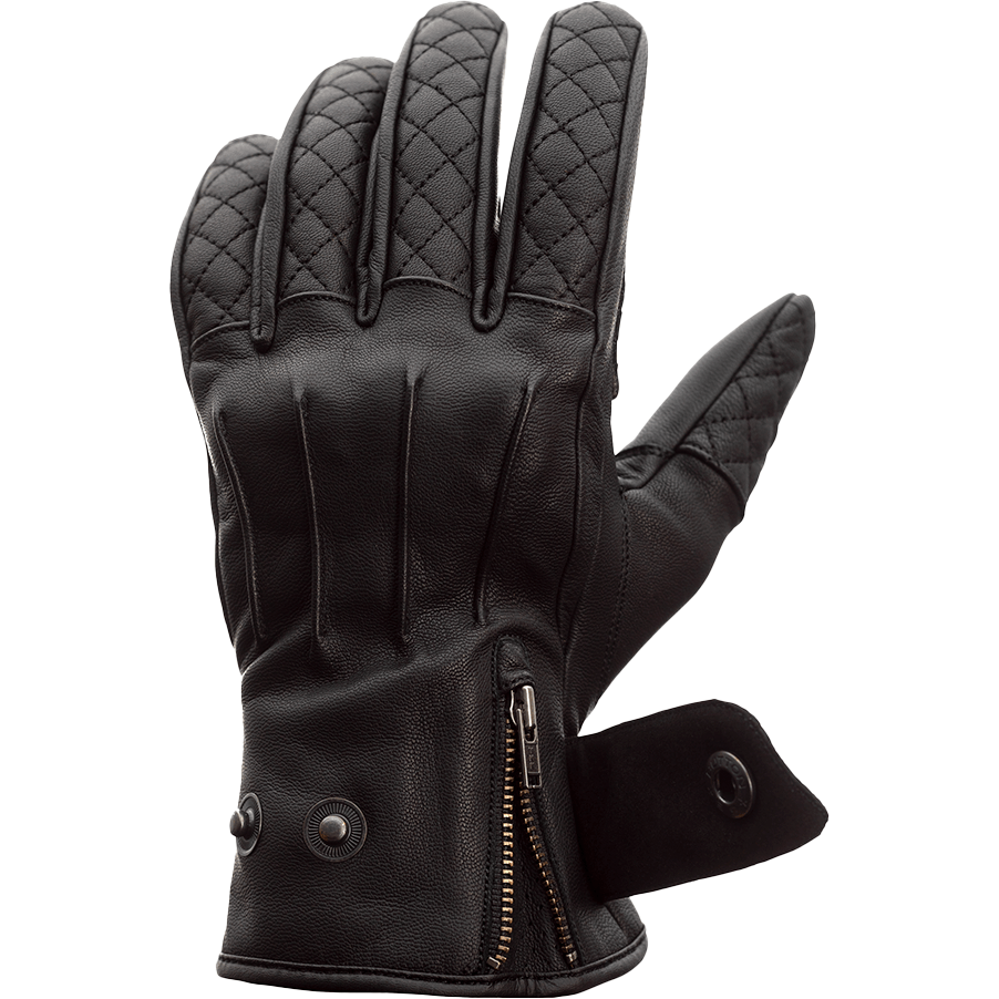 Black leather glove with quilted design and zipper on a white background