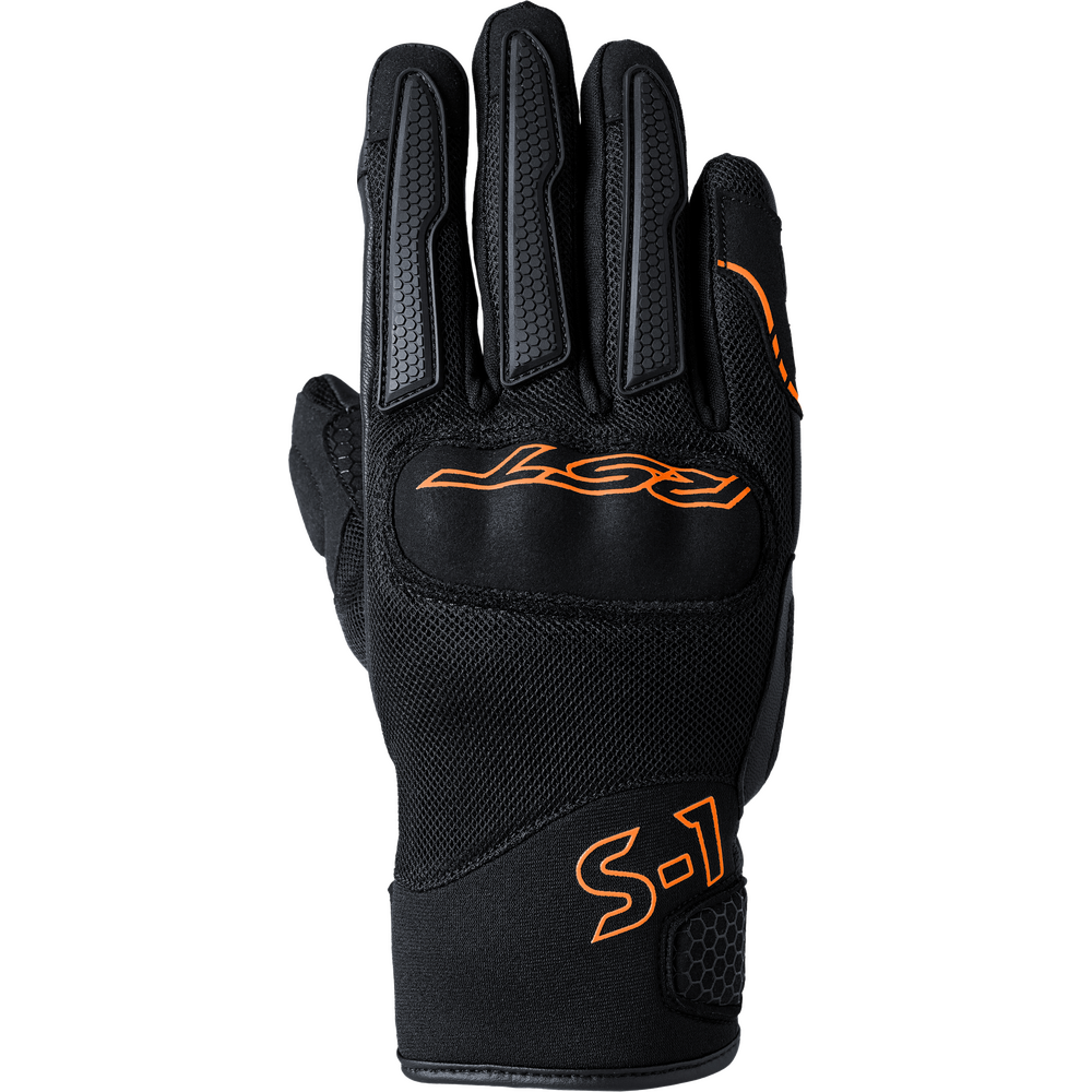 Black glove with orange branding on a white background