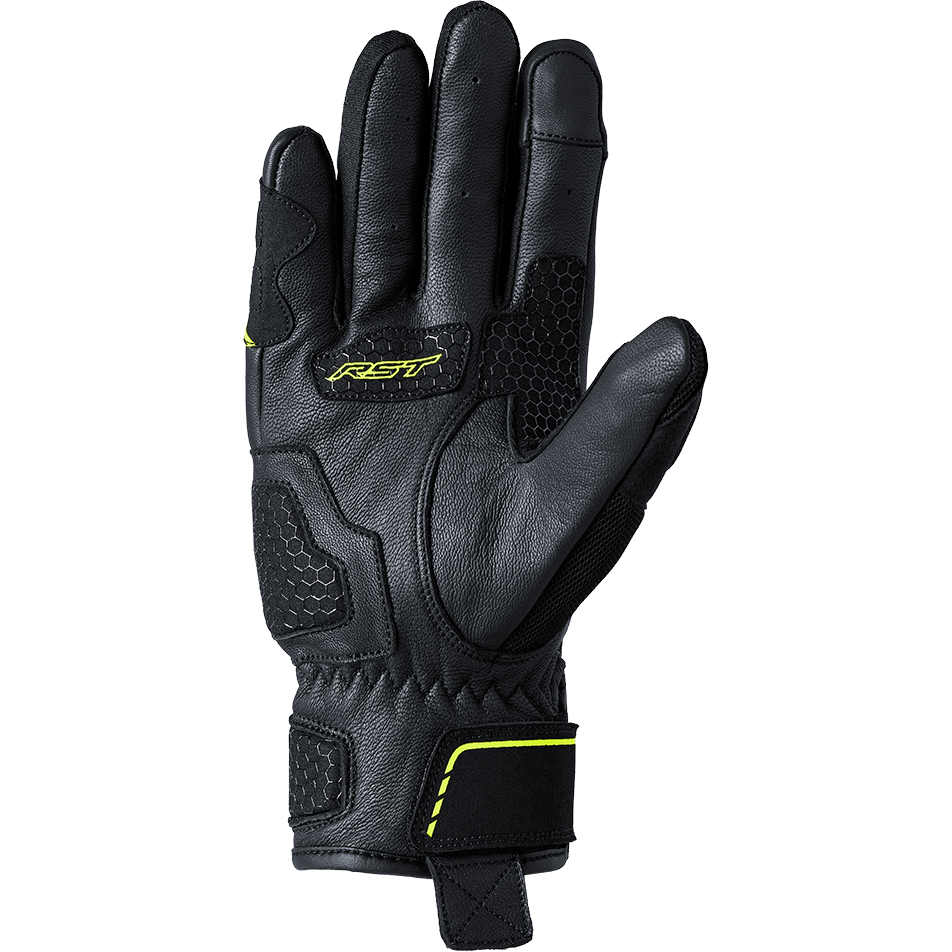 Black motorcycle glove with yellow accents on a white background