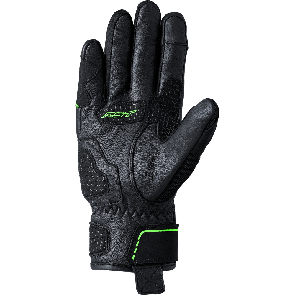 Black motorcycle glove with green accents on a white background