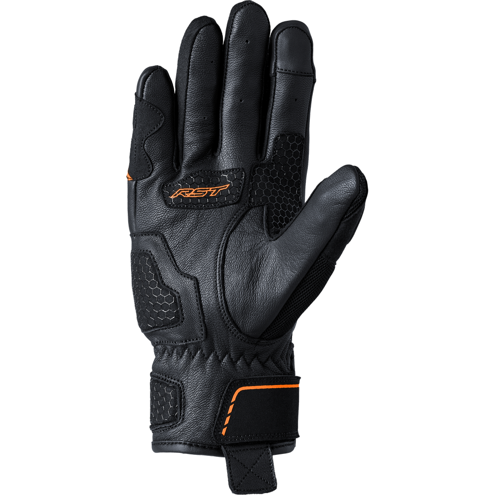 Black motorcycle glove with red accents on a white background