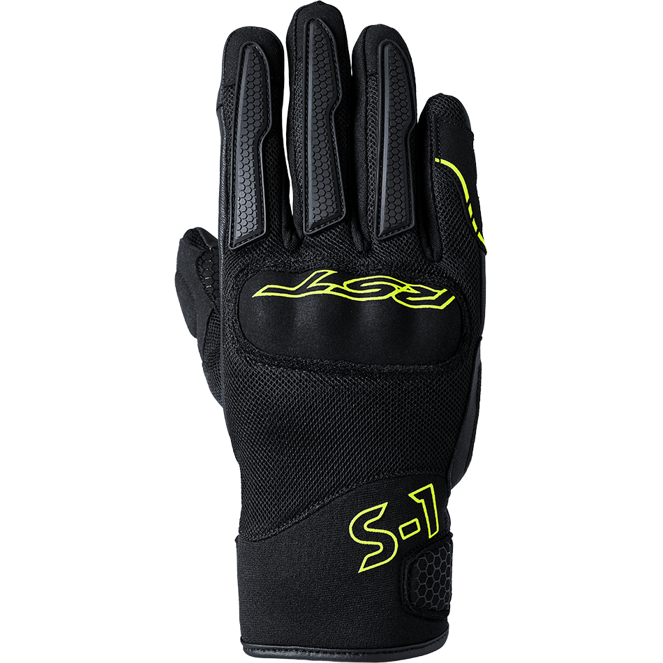 Black glove with yellow text and logo on a white background