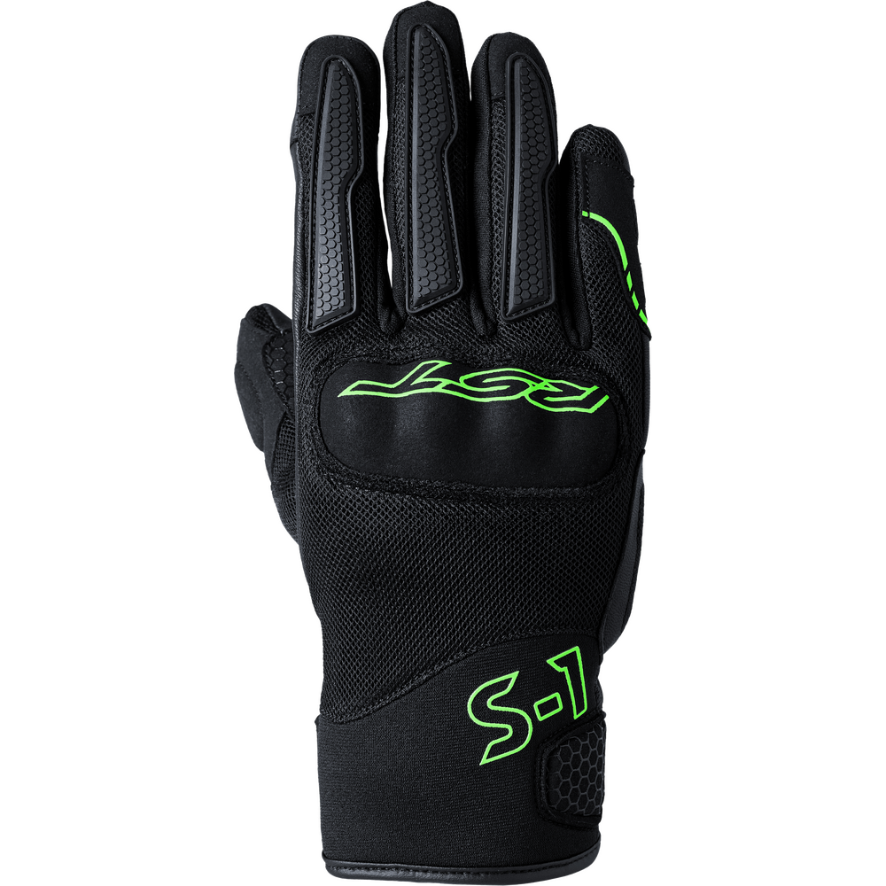 Black glove with green text and logos on a white background