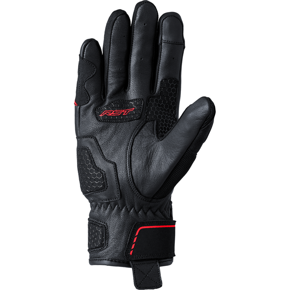 Black motorcycle glove with red accents on a white background