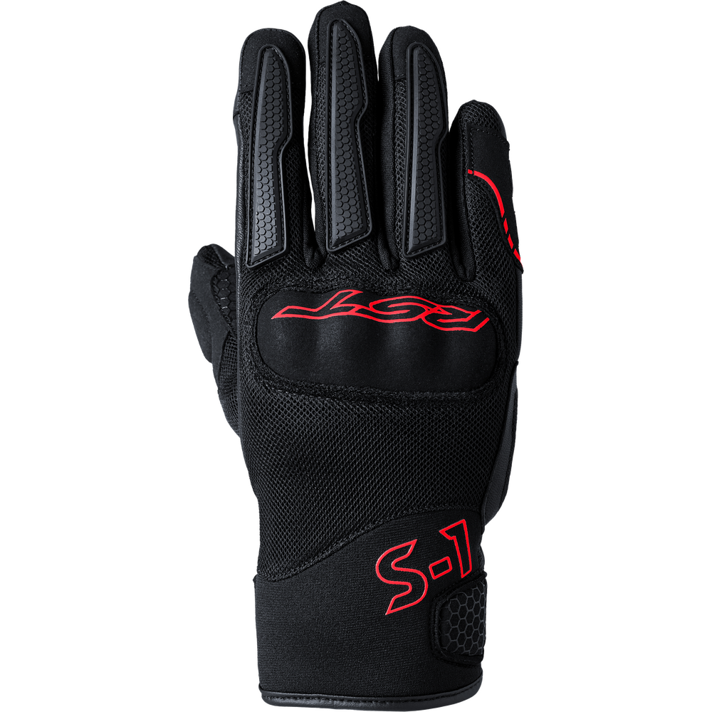 Black glove with red branding on a white background