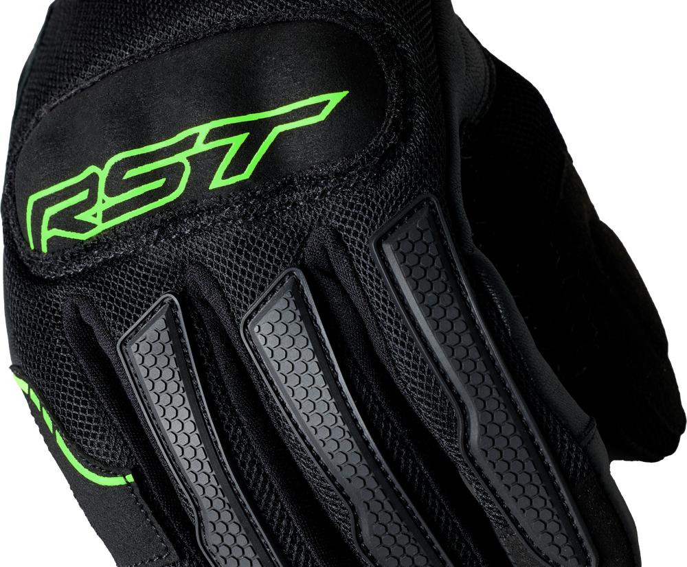 Black motorcycle glove with green RST logo on a white background