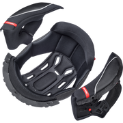 Black protective motorcycle helmet padding set with three detachable foam inserts and a red brand label, shown on a plain white background.