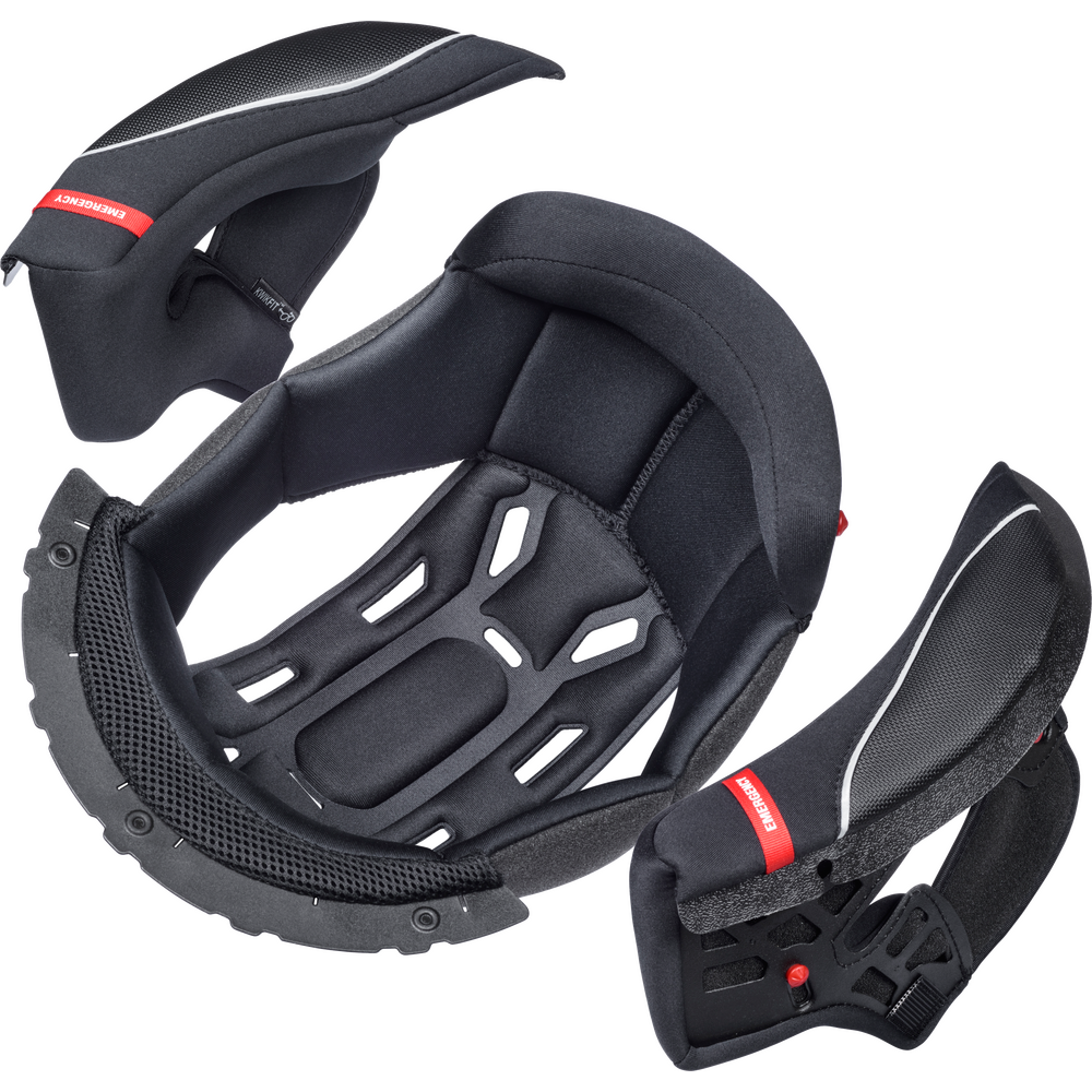 Black protective motorcycle helmet padding set with three detachable foam inserts and a red brand label, shown on a plain white background.