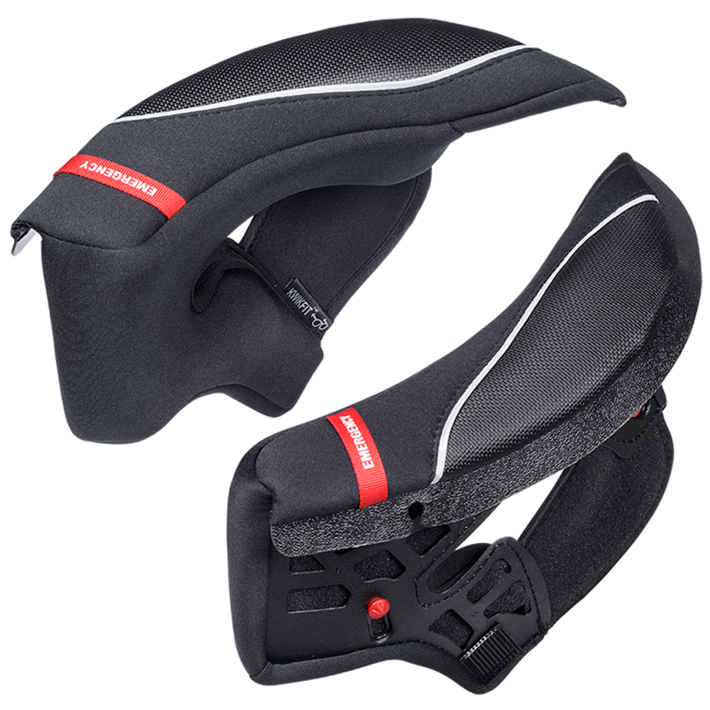 Two black motorcycle helmet cheek pads with white piping and red 'EMERGENCY' labels, shown from different angles on a white background.