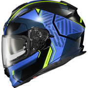 A full-face motorcycle helmet in blue and black with neon yellow-green accents, featuring a clear visor and a visible SCORPION logo on the side.
