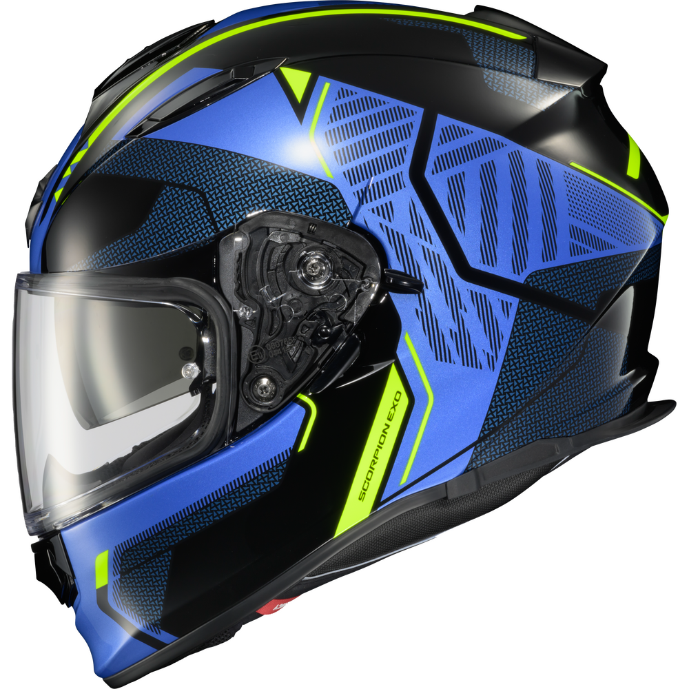 A full-face motorcycle helmet in blue and black with neon yellow-green accents, featuring a clear visor and a visible SCORPION logo on the side.