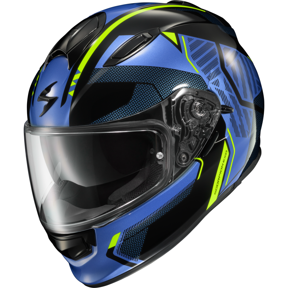 A full-face motorcycle helmet in blue, black, and neon yellow-green, featuring a clear visor and visible ventilation ports.