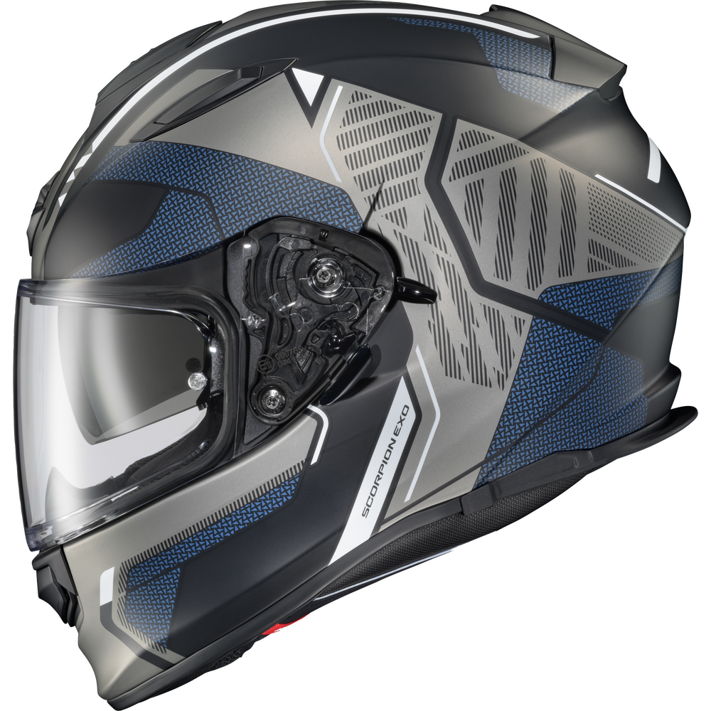 A full-face motorcycle helmet in a metallic silver and black colorway with blue textured accents and a clear visor, shown against a plain white background.
