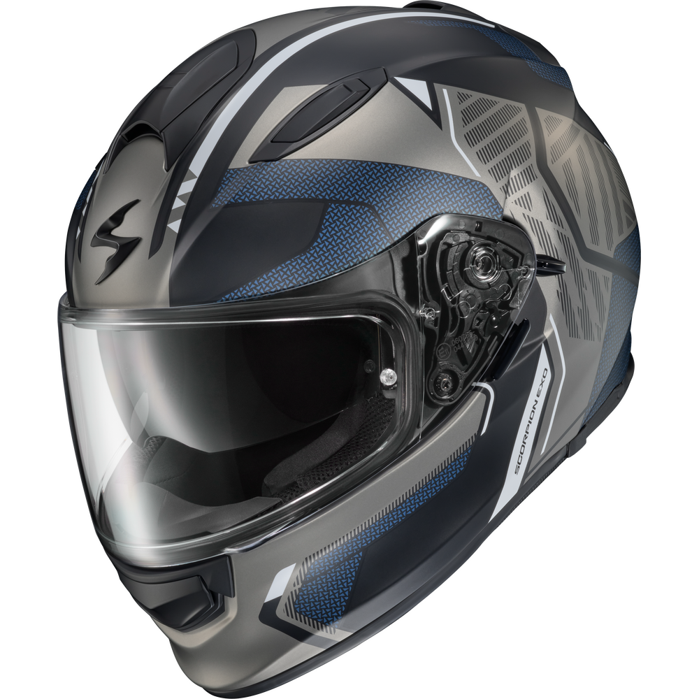 A full-face motorcycle helmet in a metallic dark gray and black colorway with blue textured accents and white graphic stripes, featuring a clear visor.