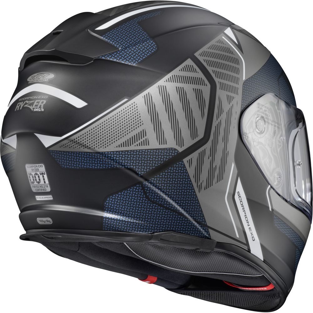 A full-face motorcycle helmet in black, gray, and blue, featuring geometric patterns, a clear visor, and a DOT 500 rating sticker on the side.