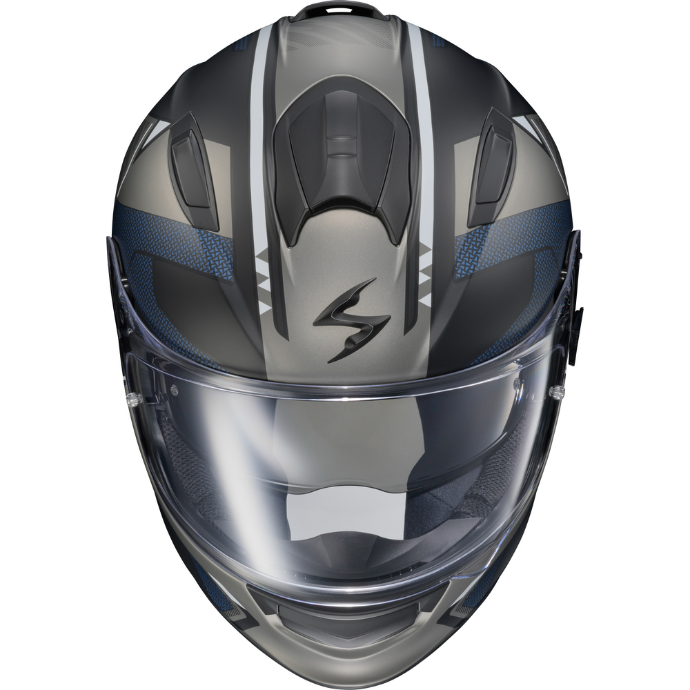 A full-face motorcycle helmet in a metallic dark gray and black color scheme with blue accents and a clear visor, shown from a front-facing perspective on a white background.