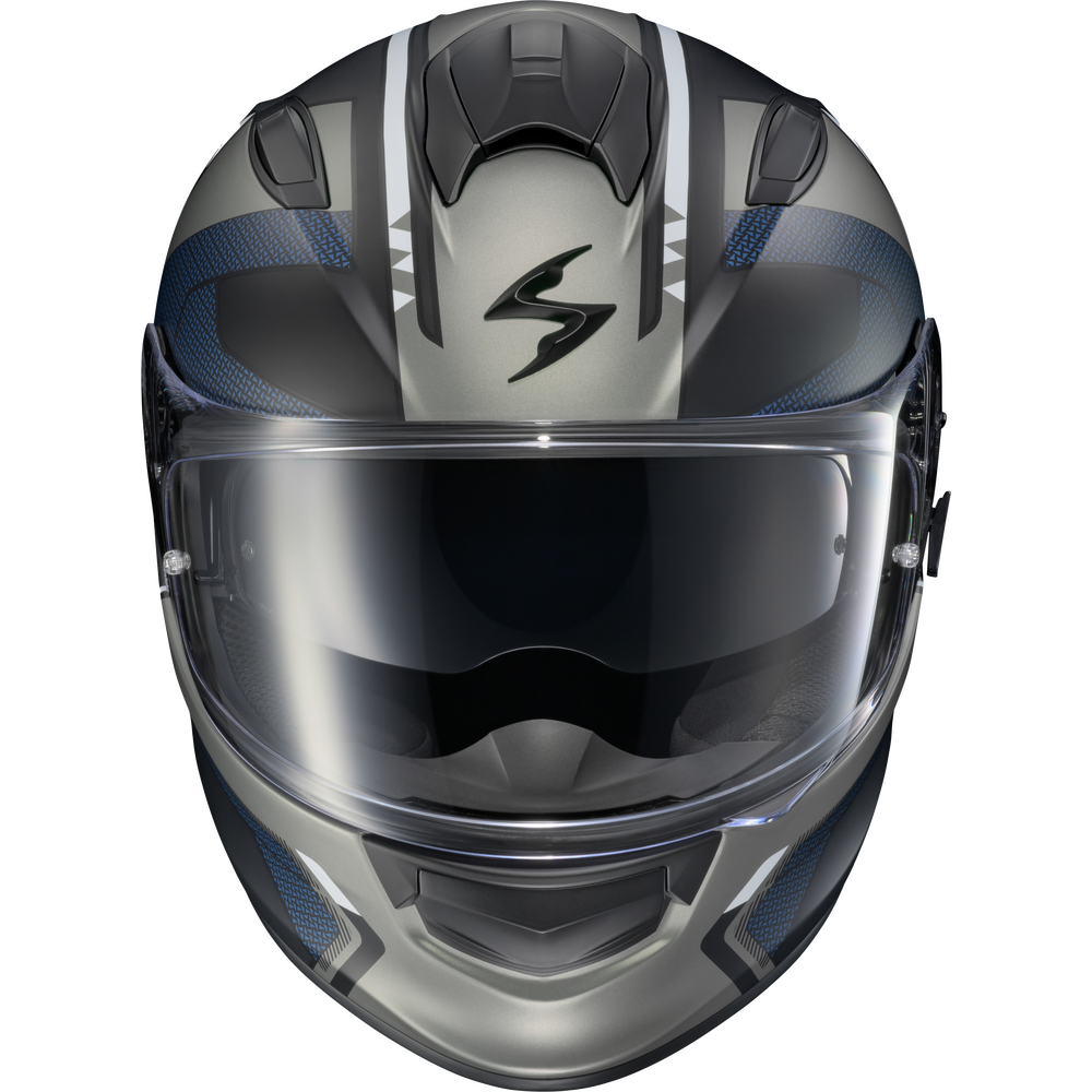 A full-face motorcycle helmet in metallic silver and black with blue accents, featuring a clear visor and a stylized 'S' logo on the forehead, shown against a plain white background.