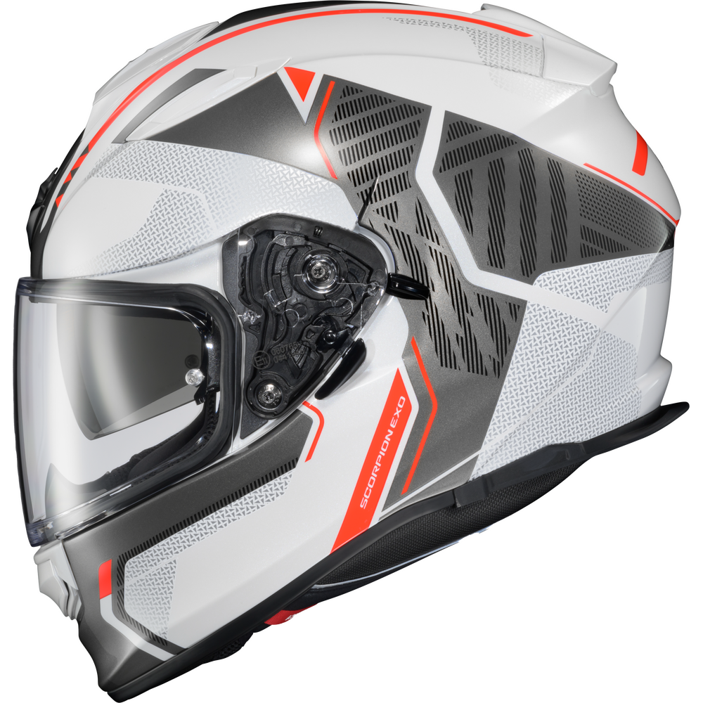 A full-face motorcycle helmet in white, gray, and black with vibrant orange-red graphic accents, featuring a clear visor and a digital display screen on the forehead.