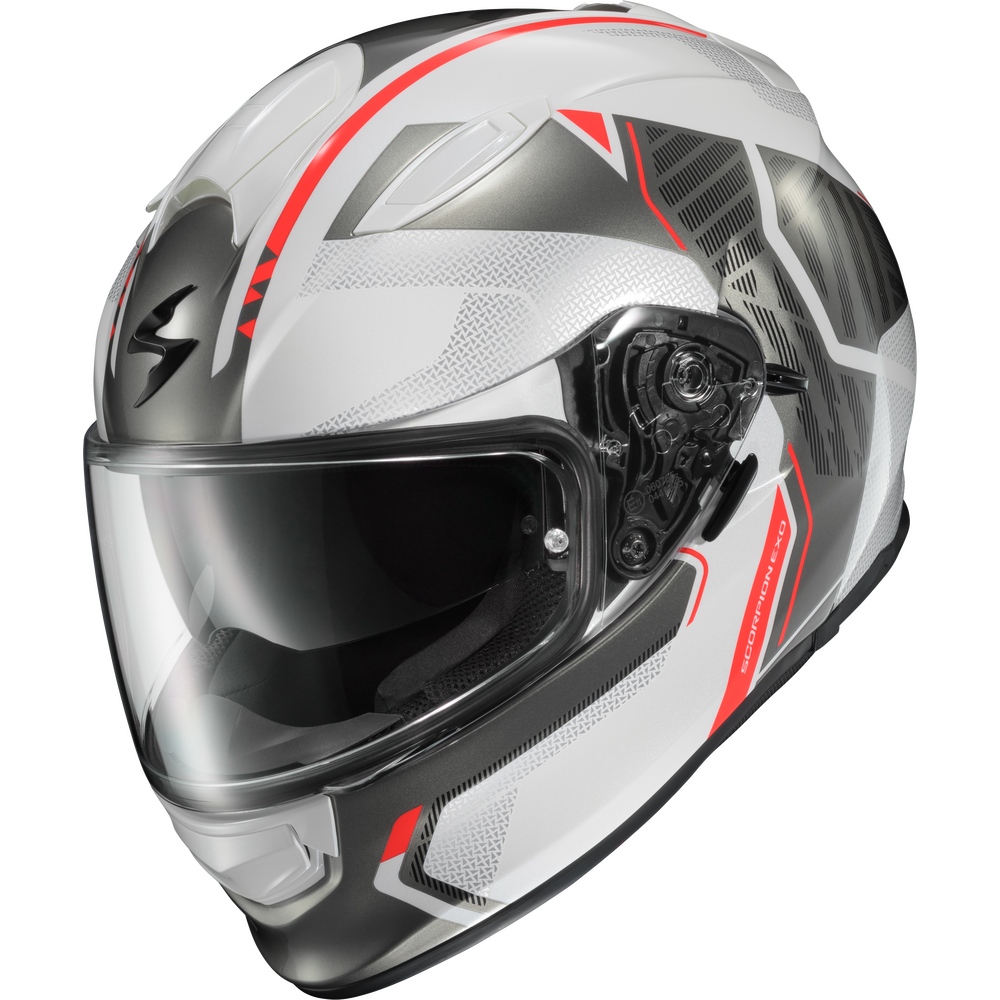 A white full-face motorcycle helmet with black and red graphic accents, a clear visor, and a black side-mounted communication module, shown on a plain white background.