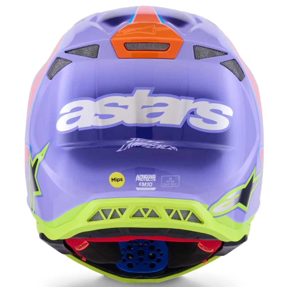 A rear view of a purple Astars mountain bike helmet with orange, lime green, and white accents, set against a plain white background.