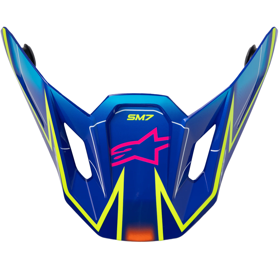Blue Alpinestars SM7 motocross helmet visor with neon yellow and pink graphics on a white background.