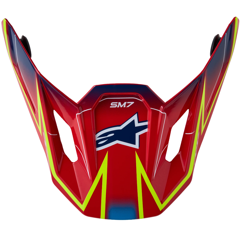 Red Alpinestars SM7 motocross helmet visor with yellow and blue graphics, shown on a plain white background.