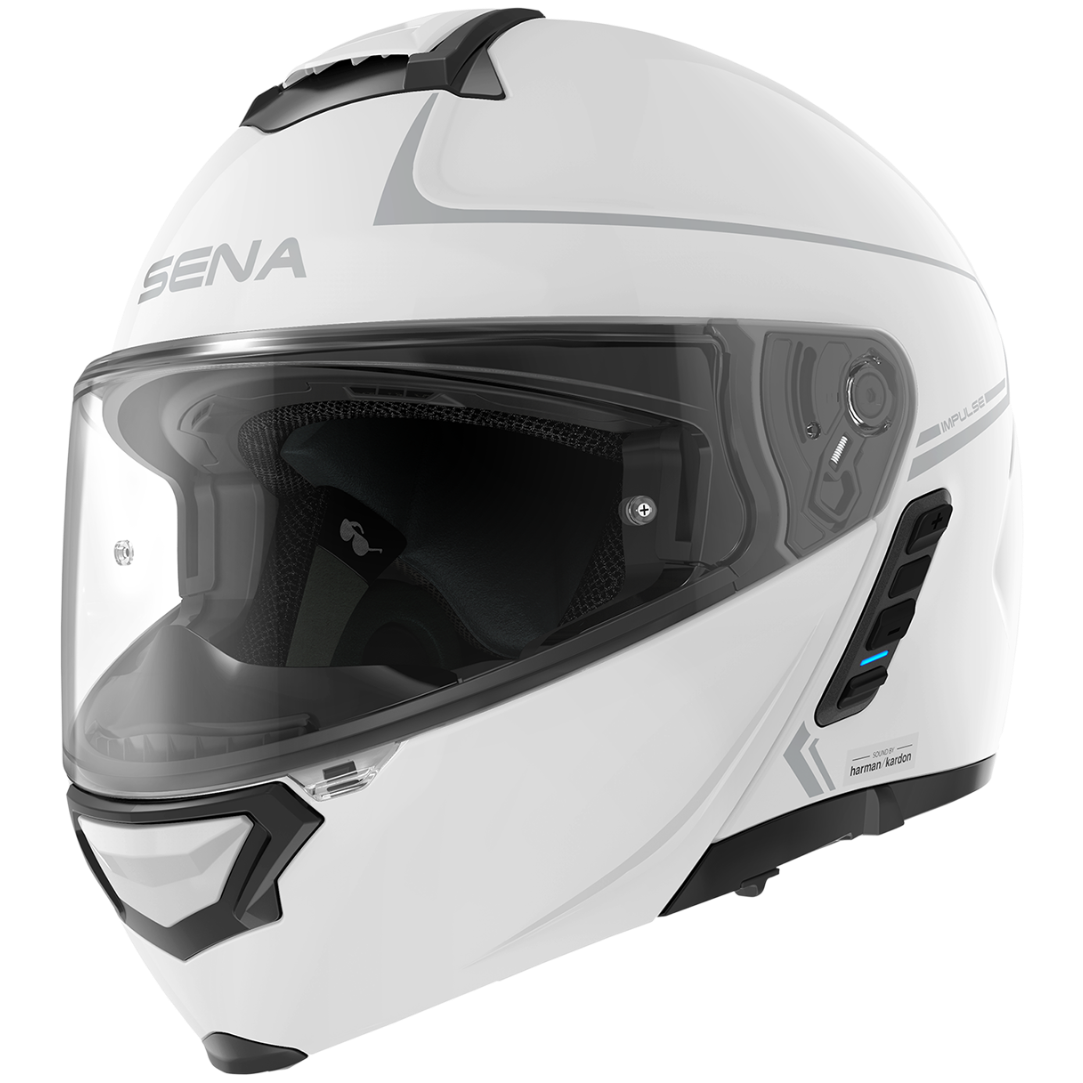 A white SENA full-face motorcycle helmet with a clear visor, featuring gray and black graphic accents on a clean white background.