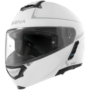 A white SENA full-face motorcycle helmet with a clear visor, featuring gray and black graphic accents on a clean white background.