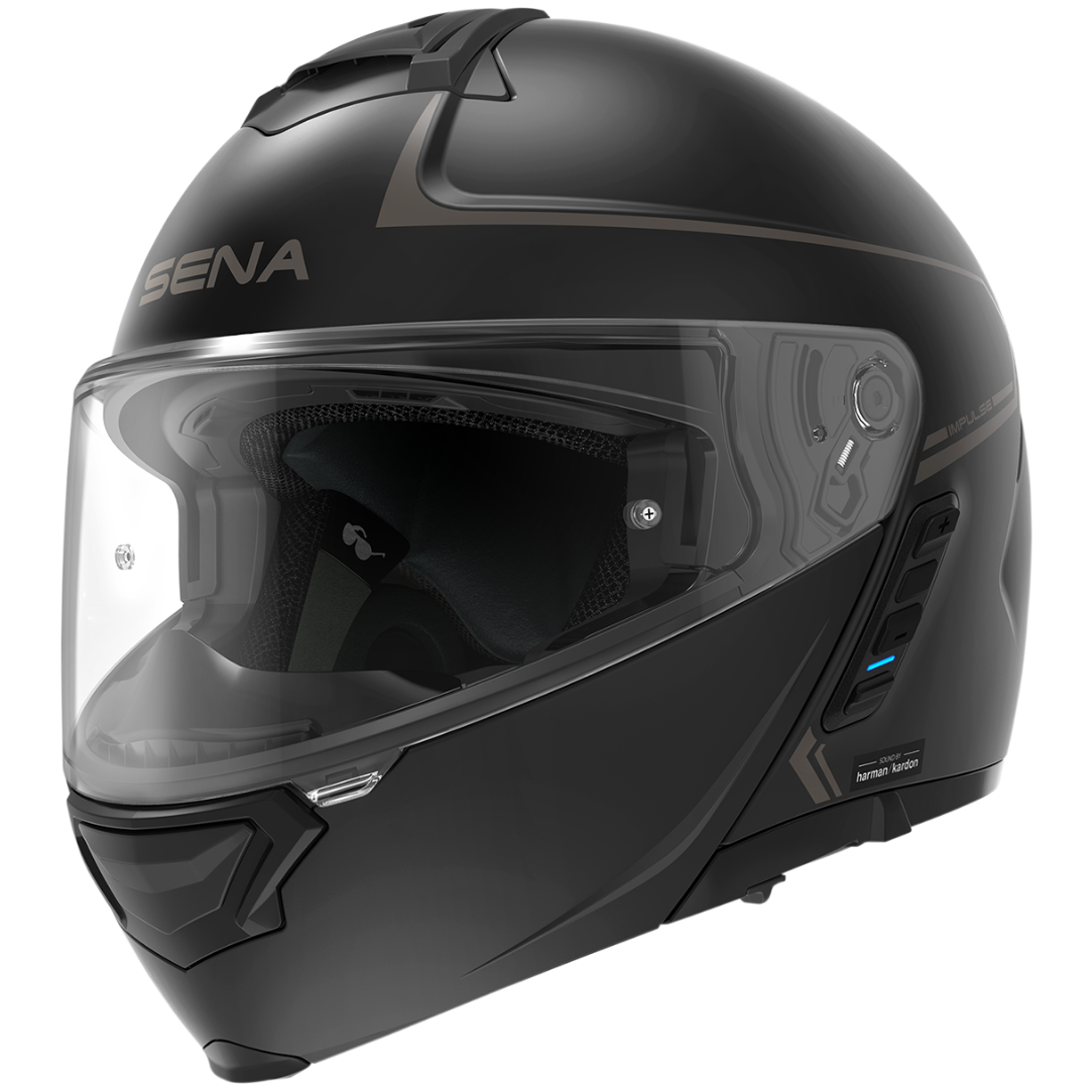 A matte black full-face motorcycle helmet with a clear visor, featuring subtle gray graphic accents and the SENA brand name on the side.