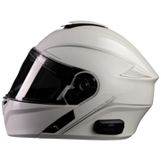 White motorcycle helmet with a clear visor on a white background
