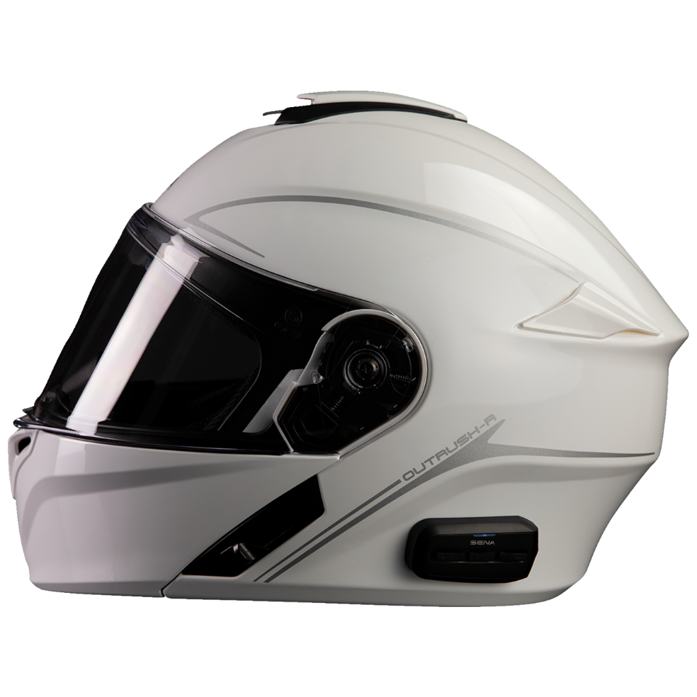 White motorcycle helmet with a clear visor on a white background