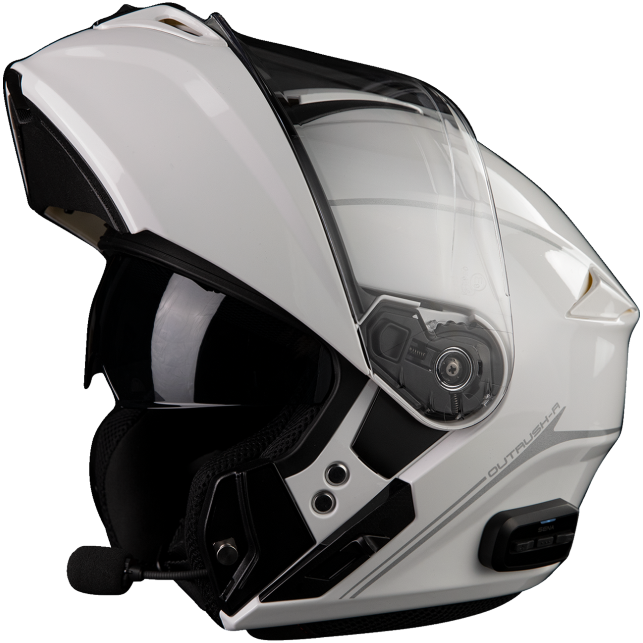 White motorcycle helmet with clear visor on a white background