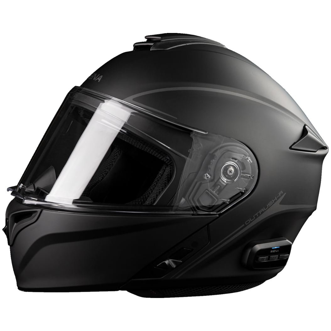 Black motorcycle helmet with clear visor on a white background