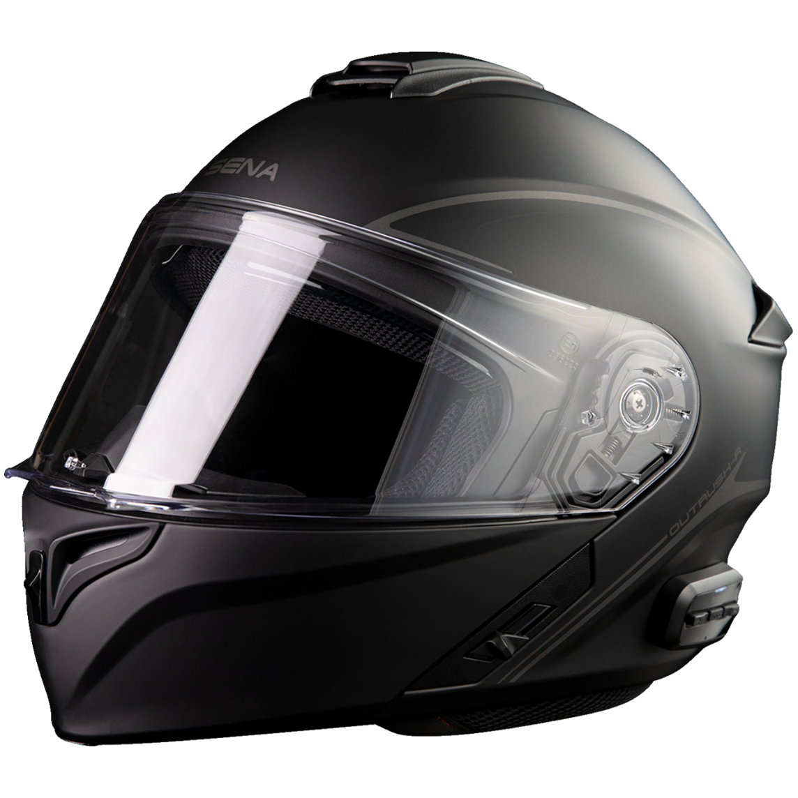 Black motorcycle helmet with clear visor on a white background